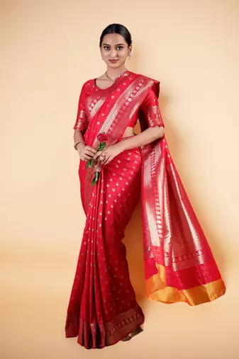 red banarasi art silk saree with gold zari buti & rich border