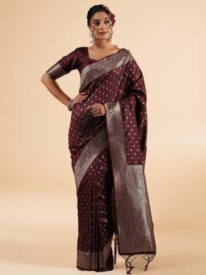 maroon banarasi art silk saree with silver zari buti & ornate border 1
