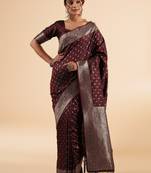 maroon banarasi art silk saree with silver zari buti & ornate border
