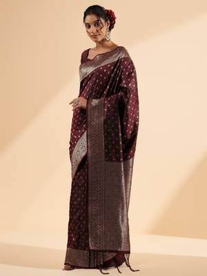maroon banarasi art silk saree with silver zari buti & ornate border 2