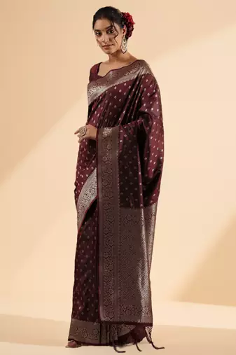 maroon banarasi art silk saree with silver zari buti & ornate border
