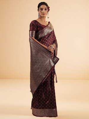 maroon banarasi art silk saree with silver zari buti & ornate border 3