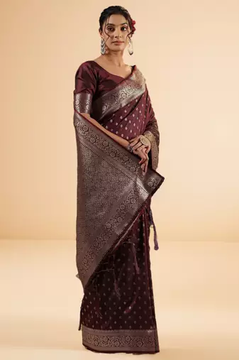 maroon banarasi art silk saree with silver zari buti & ornate border