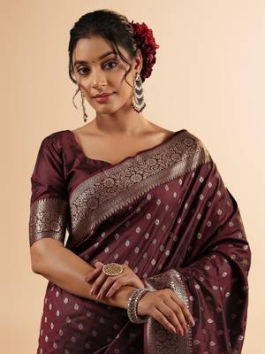 maroon banarasi art silk saree with silver zari buti & ornate border 4