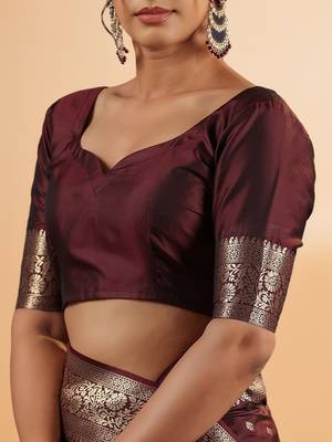 maroon banarasi art silk saree with silver zari buti & ornate border 5