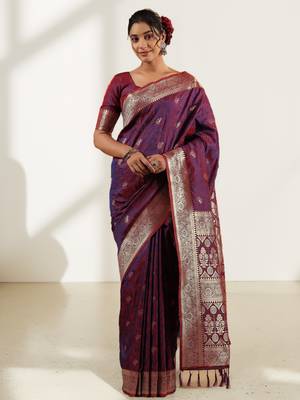 blue & maroon banarasi art silk saree with silver zari weaving 1