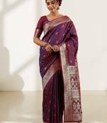 blue & maroon banarasi art silk saree with silver zari weaving