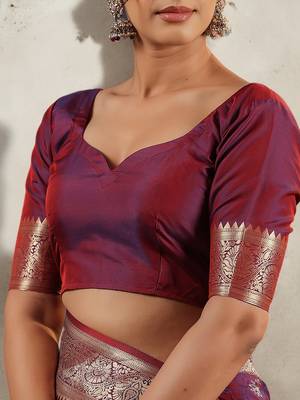 blue & maroon banarasi art silk saree with silver zari weaving 2