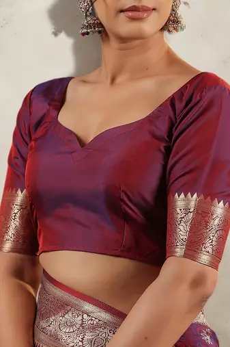 blue & maroon banarasi art silk saree with silver zari weaving