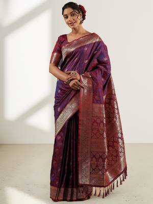 blue & maroon banarasi art silk saree with silver zari weaving 3