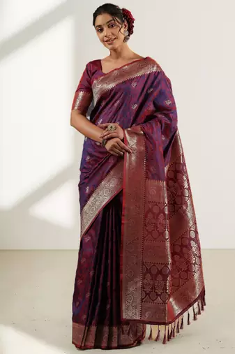 blue & maroon banarasi art silk saree with silver zari weaving