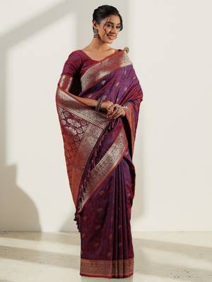 blue & maroon banarasi art silk saree with silver zari weaving 4