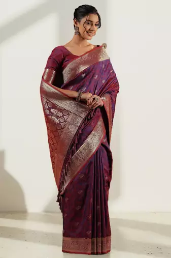 blue & maroon banarasi art silk saree with silver zari weaving