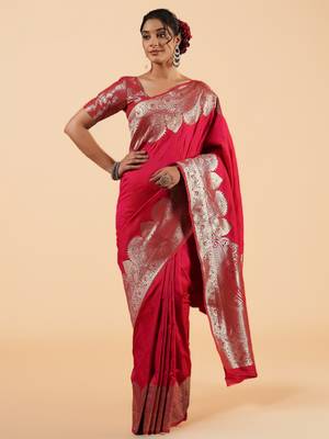 rani pink banarasi art silk saree with silver zari and paisley motifs 1