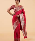 rani pink banarasi art silk saree with silver zari and paisley motifs