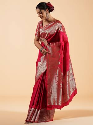 rani pink banarasi art silk saree with silver zari and paisley motifs 2