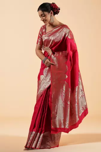 rani pink banarasi art silk saree with silver zari and paisley motifs