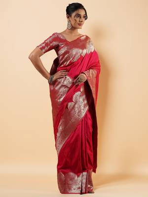 rani pink banarasi art silk saree with silver zari and paisley motifs 3