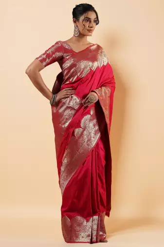 rani pink banarasi art silk saree with silver zari and paisley motifs