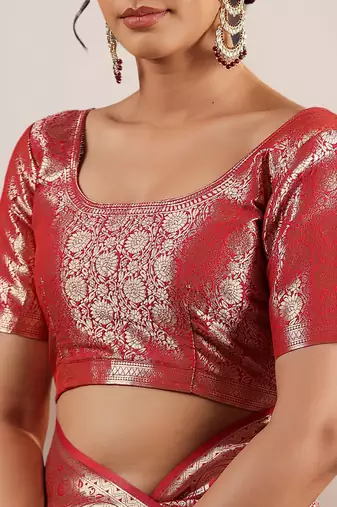 rani pink banarasi art silk saree with silver zari and paisley motifs