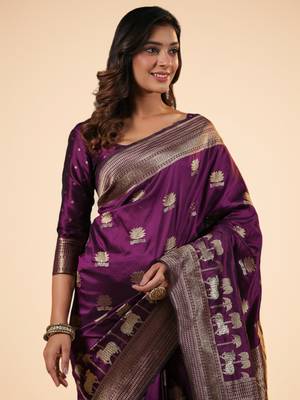 purple banarasi art silk saree with silver zari and floral butta weaving 1
