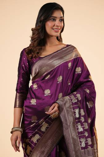 purple banarasi art silk saree with silver zari and floral butta weaving