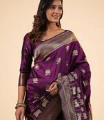 purple banarasi art silk saree with silver zari and floral butta weaving