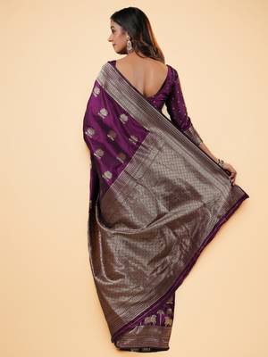 purple banarasi art silk saree with silver zari and floral butta weaving 2
