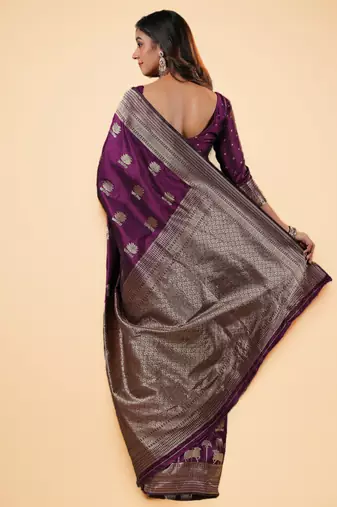 purple banarasi art silk saree with silver zari and floral butta weaving
