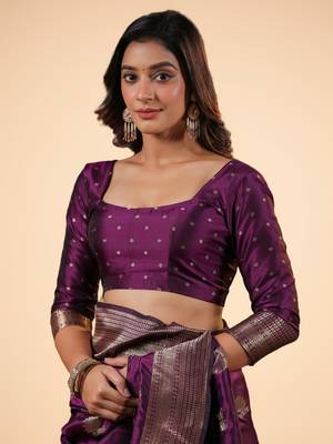 purple banarasi art silk saree with silver zari and floral butta weaving 3