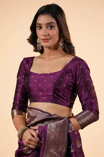 purple banarasi art silk saree with silver zari and floral butta weaving