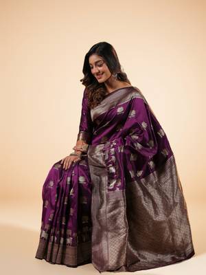 purple banarasi art silk saree with silver zari and floral butta weaving 4