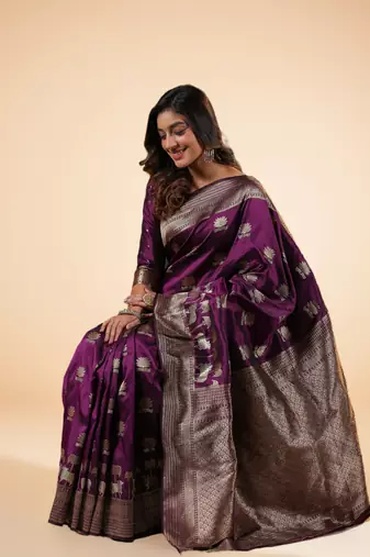 purple banarasi art silk saree with silver zari and floral butta weaving