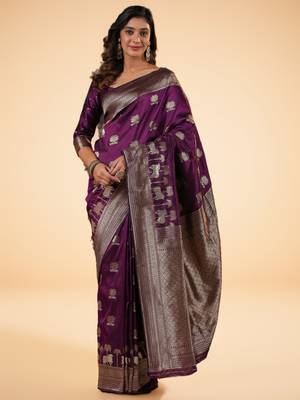 purple banarasi art silk saree with silver zari and floral butta weaving 5
