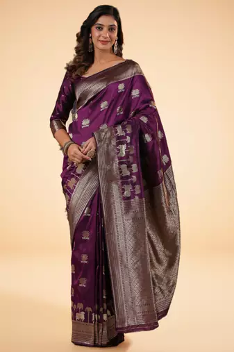 purple banarasi art silk saree with silver zari and floral butta weaving