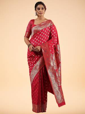 red banarasi art silk saree with silver zari & paisley butta work 1