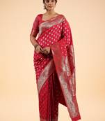 red banarasi art silk saree with silver zari & paisley butta work