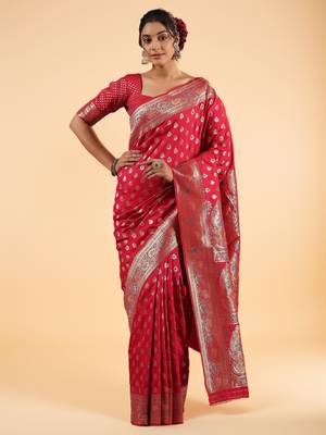 red banarasi art silk saree with silver zari & paisley butta work 2