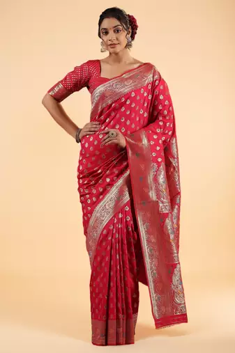 red banarasi art silk saree with silver zari & paisley butta work