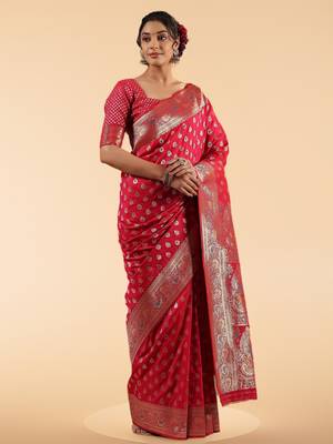 red banarasi art silk saree with silver zari & paisley butta work 3