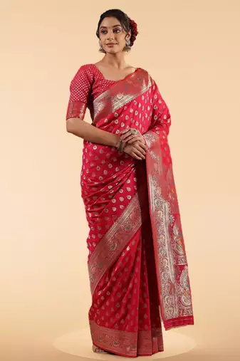 red banarasi art silk saree with silver zari & paisley butta work