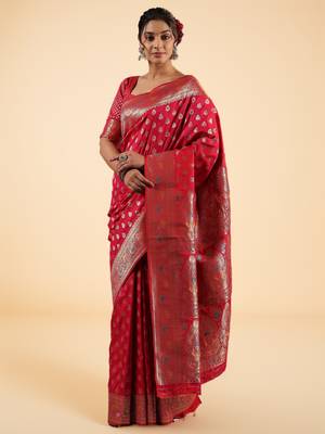 red banarasi art silk saree with silver zari & paisley butta work 4