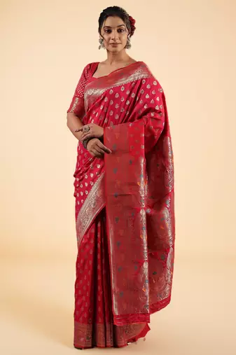 red banarasi art silk saree with silver zari & paisley butta work