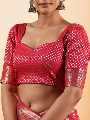 red banarasi art silk saree with silver zari & paisley butta work 5