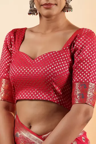 red banarasi art silk saree with silver zari & paisley butta work