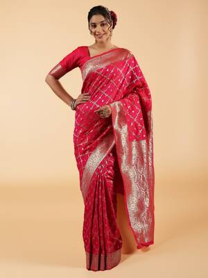crimson banarasi art silk saree with diamond zari weaving 1