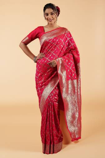 crimson banarasi art silk saree with diamond zari weaving