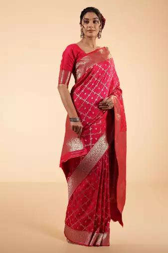 crimson banarasi art silk saree with diamond zari weaving