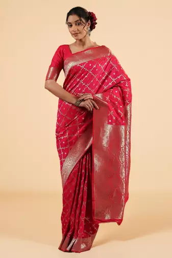 crimson banarasi art silk saree with diamond zari weaving