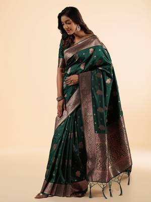 emerald green banarasi art silk saree with intricate zari weaving 2